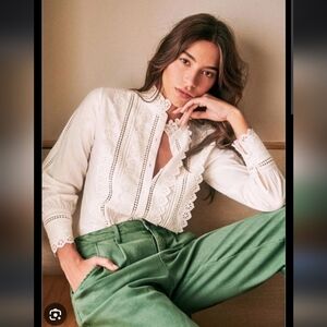 Sezane Agalia Cotton Lace Button Down Blouse